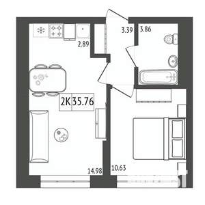 2-к квартира, строящийся дом, 36м2, 2/17 этаж