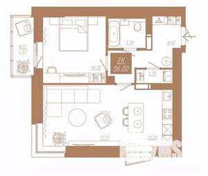 2-к квартира, строящийся дом, 56м2, 4/23 этаж