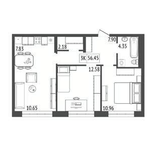 3-к квартира, строящийся дом, 56м2, 2/17 этаж