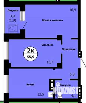 2-к квартира, строящийся дом, 56м2, 6/26 этаж