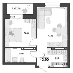 2-к квартира, строящийся дом, 44м2, 16/23 этаж