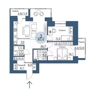 4-к квартира, строящийся дом, 91м2, 16/17 этаж