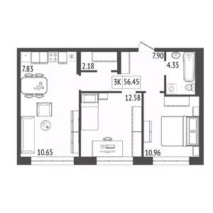 3-к квартира, вторичка, 56м2, 2/17 этаж