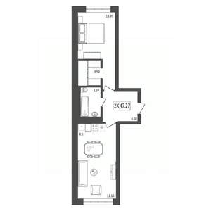 2-к квартира, строящийся дом, 47м2, 3/17 этаж