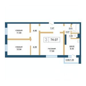 3-к квартира, строящийся дом, 74м2, 6/17 этаж