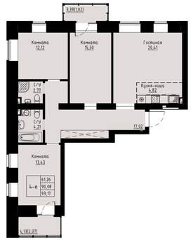 4-к квартира, строящийся дом, 93м2, 3/8 этаж