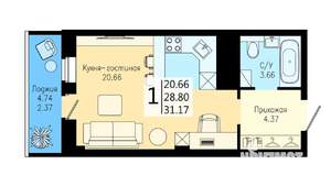 Студия квартира, строящийся дом, 31м2, 12/25 этаж