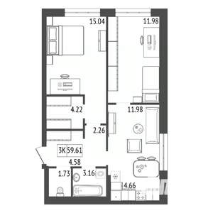 3-к квартира, вторичка, 60м2, 9/17 этаж