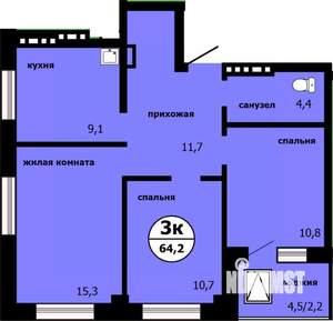 3-к квартира, сданный дом, 63м2, 15/19 этаж