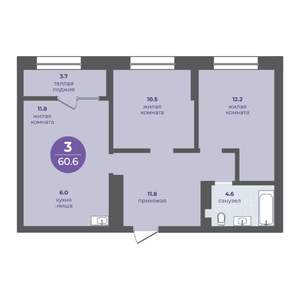 3-к квартира, вторичка, 57м2, 23/25 этаж