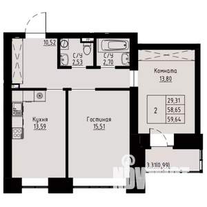 2-к квартира, строящийся дом, 61м2, 7/7 этаж
