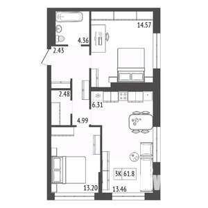3-к квартира, строящийся дом, 62м2, 9/17 этаж