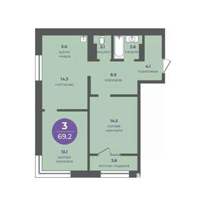 3-к квартира, вторичка, 69м2, 13/24 этаж