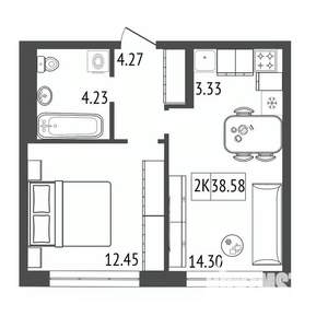 2-к квартира, строящийся дом, 39м2, 10/17 этаж