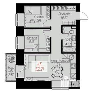 2-к квартира, строящийся дом, 52м2, 7/17 этаж