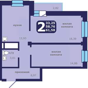 2-к квартира, вторичка, 62м2, 23/25 этаж