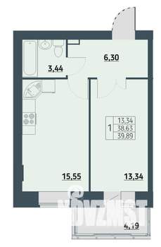 1-к квартира, строящийся дом, 40м2, 2/9 этаж