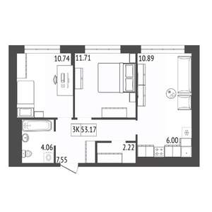 3-к квартира, строящийся дом, 53м2, 2/17 этаж