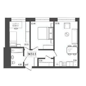 3-к квартира, строящийся дом, 53м2, 3/17 этаж