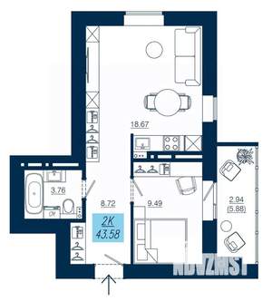 2-к квартира, вторичка, 44м2, 3/19 этаж