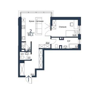 2-к квартира, строящийся дом, 60м2, 19/23 этаж