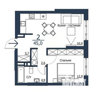 2-к квартира, строящийся дом, 45м2, 2/23 этаж
