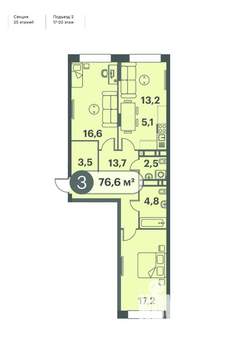 3-к квартира, строящийся дом, 77м2, 18/25 этаж