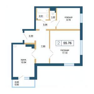 2-к квартира, строящийся дом, 56м2, 2/17 этаж