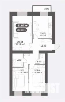 3-к квартира, вторичка, 77м2, 8/15 этаж