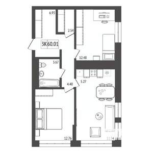 3-к квартира, строящийся дом, 60м2, 3/17 этаж