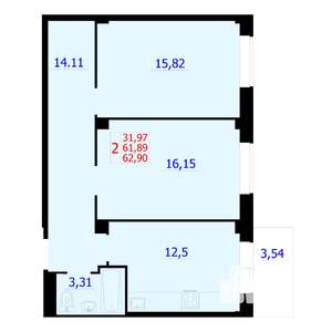 2-к квартира, вторичка, 63м2, 2/9 этаж