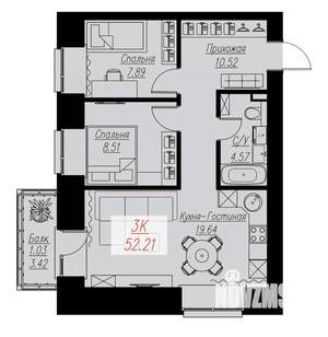 2-к квартира, строящийся дом, 52м2, 3/17 этаж