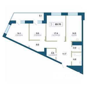 3-к квартира, строящийся дом, 90м2, 21/24 этаж