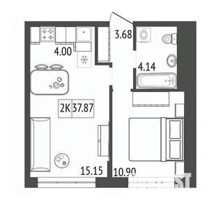 2-к квартира, строящийся дом, 38м2, 12/17 этаж
