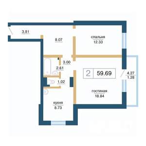 2-к квартира, вторичка, 60м2, 16/17 этаж