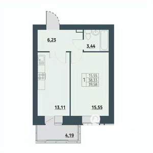 1-к квартира, строящийся дом, 39м2, 4/9 этаж