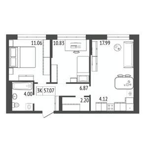 3-к квартира, строящийся дом, 57м2, 14/17 этаж