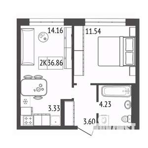 2-к квартира, строящийся дом, 37м2, 8/17 этаж