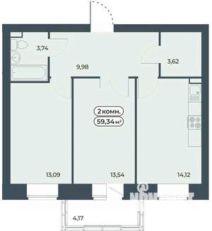 2-к квартира, строящийся дом, 59м2, 3/9 этаж