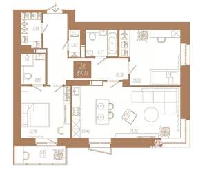 3-к квартира, строящийся дом, 84м2, 9/23 этаж