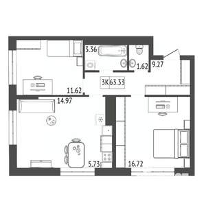3-к квартира, строящийся дом, 63м2, 6/17 этаж