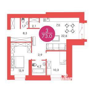3-к квартира, строящийся дом, 73м2, 3/17 этаж