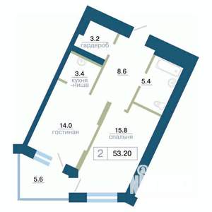 2-к квартира, строящийся дом, 53м2, 17/24 этаж
