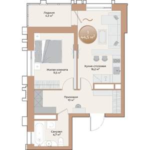 1-к квартира, строящийся дом, 45м2, 2/24 этаж