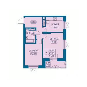 2-к квартира, вторичка, 51м2, 8/20 этаж