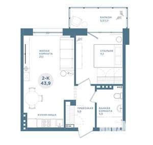 2-к квартира, строящийся дом, 44м2, 14/19 этаж