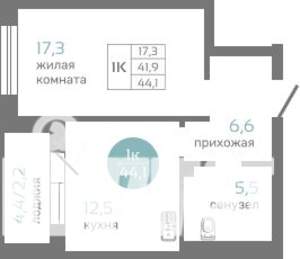 1-к квартира, строящийся дом, 44м2, 2/19 этаж
