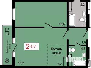 2-к квартира, строящийся дом, 51м2, 11/17 этаж