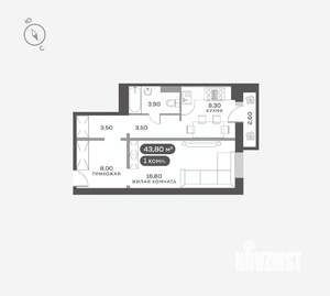 1-к квартира, вторичка, 44м2, 7/17 этаж