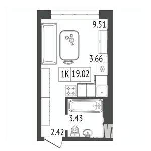 1-к квартира, строящийся дом, 19м2, 2/17 этаж